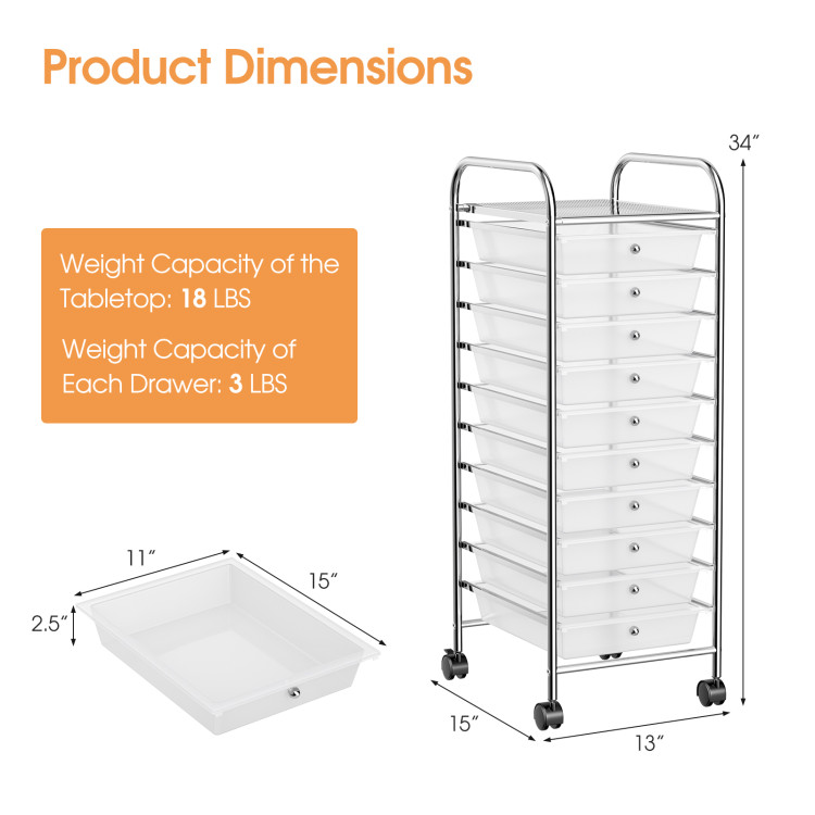 10 Drawer Rolling Storage Cart Organizer-ClearCostway Gallery View 4 of 11